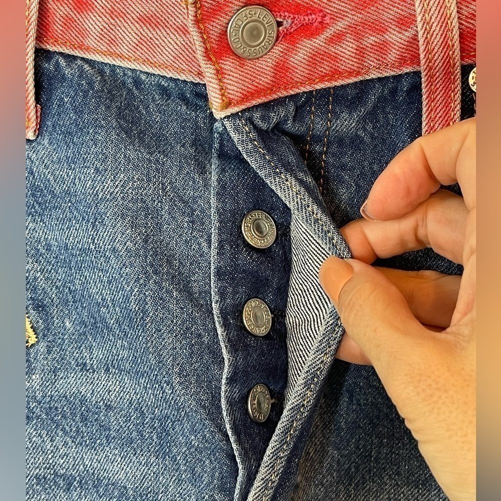 Levi's 501 Super Mario Denim Jean Shorts Women's color block fray hem Size 31 - Picture 16 of 16